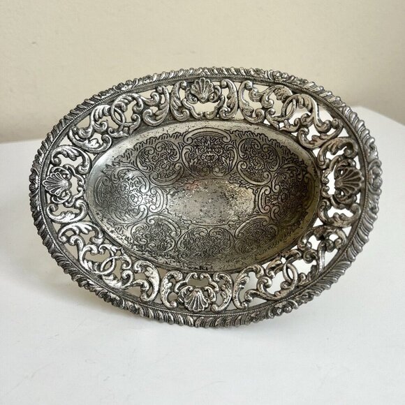 Vintage Silverplate Ornate Bowl Candy Nut Bon Bon Dish Footed decor 6.5” mcm - Picture 2 of 8